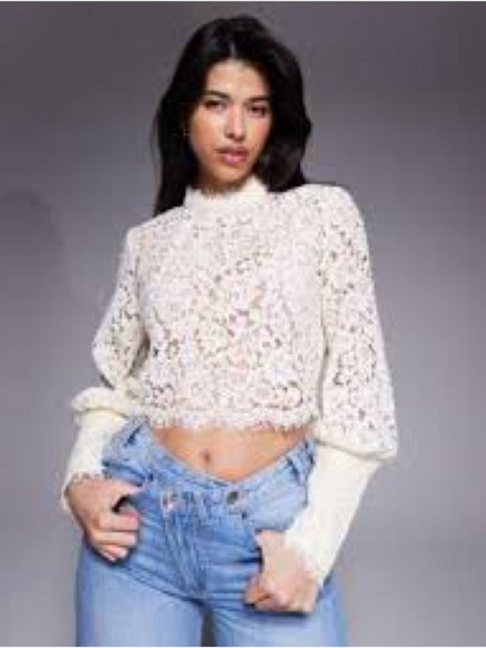 Bardot Cream Cropped Lace Mock-Neck Top